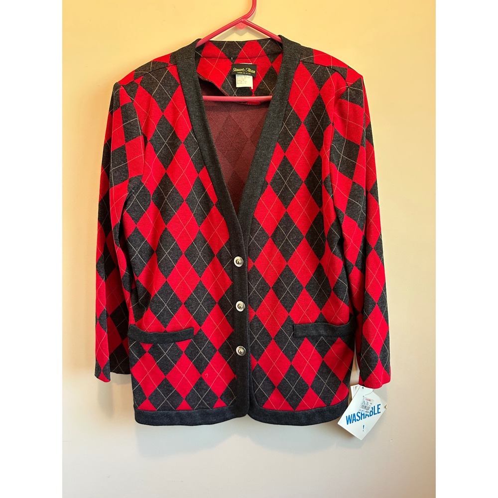 Stuart Alan Vintage Argyle Cardigan Sweater Red Gray Size 18 NWT Shoulder Pads